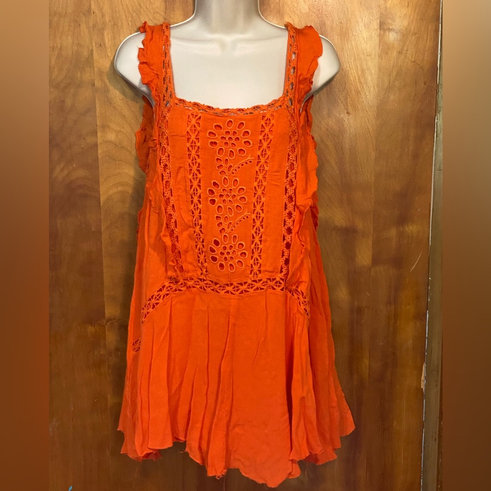 Adorable Free People gauzy bright orange mini dress,eyelet,crochet,ruffles, M